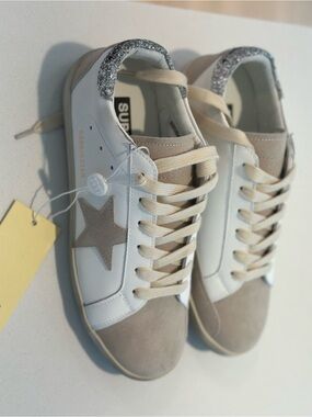 Golden Goose White Sneakers with Taupe Suede Star and Silver Glitter Heel